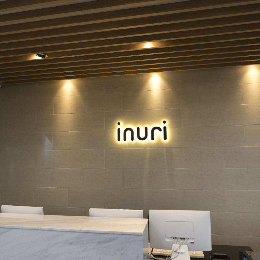 Modern Inuri logo wall art canvas featuring an illuminated minimalist brand sign displayed in a contemporary interior.