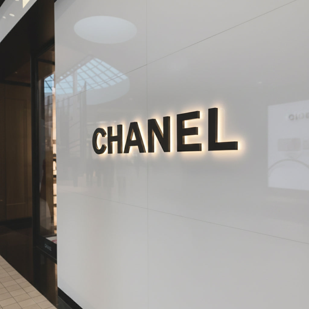 Modern custom LED backlit metal logo sign mounted on a gray wall, featuring halo-lit letters for premium business branding and interior décor.