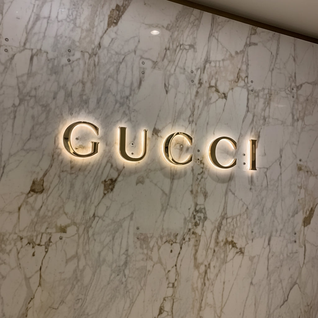 Premium custom halo-lit acrylic logo sign with warm LED backlighting mounted on a marble wall for elegant office and business branding.
