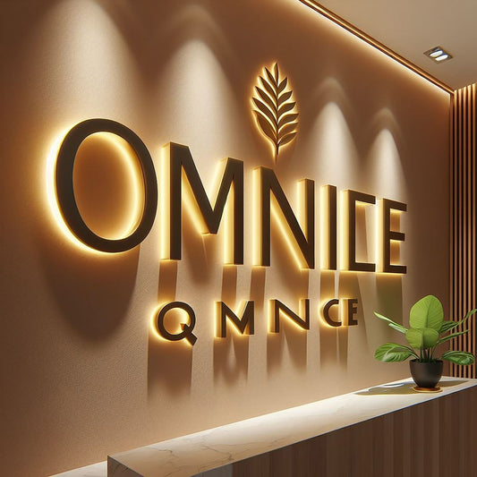 Premium halo-lit LED office logo sign with warm backlighting mounted on a luxury reception wall