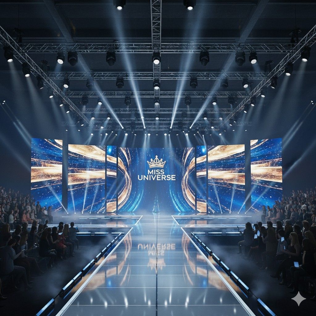 Stage LED video wall display for live event with runway and audience setup
