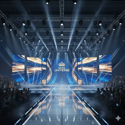 Stage LED video wall display for live event with runway and audience setup