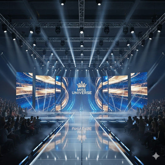 Stage LED video wall display for live event with runway and audience setup