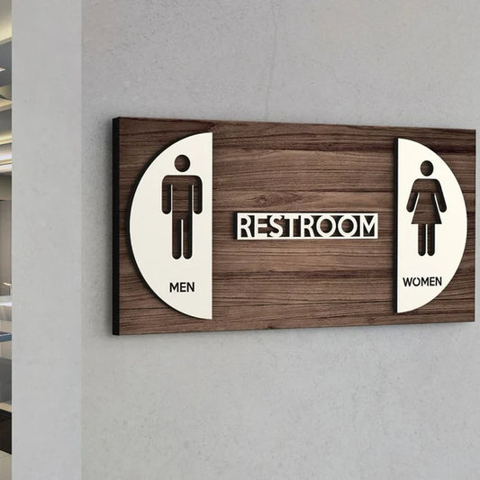 Custom wooden-style men and women restroom neon sign for hotels, offices, and commercial interiors.