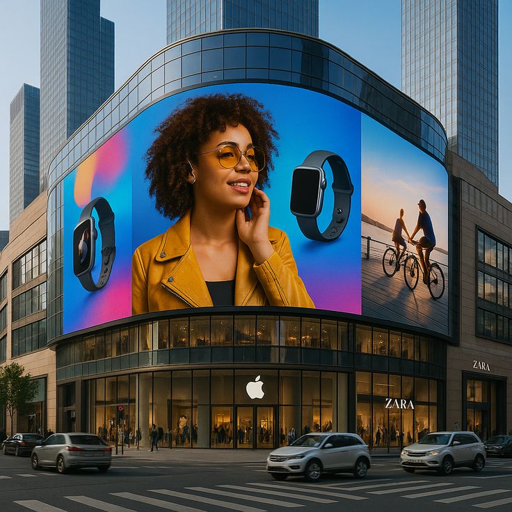 curved outdoor LED billboard screen on building facade for digital advertising