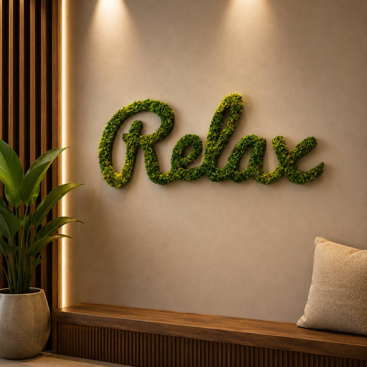 Custom Relax Moss Wall Sign for Office, Spa and Modern Interior Decor