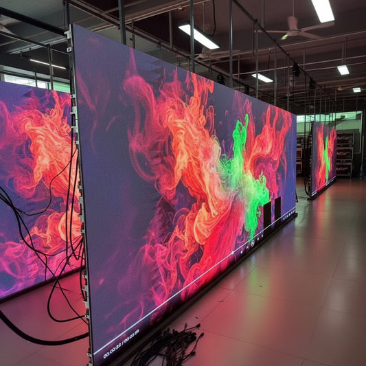 indoor LED video wall panels testing setup with vibrant color display